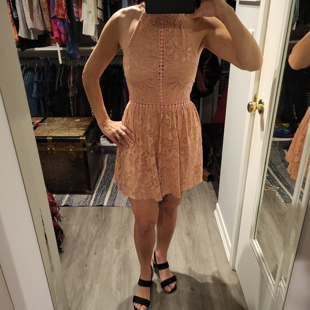 Pink Halter Lace Dress Mini Spandex